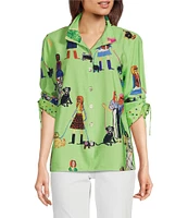 John Mark Novelty Dog Print Wire Collar Cinch Tie Sleeve Button Front Blouse