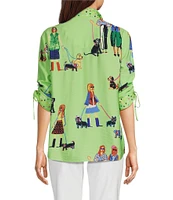John Mark Novelty Dog Print Wire Collar Cinch Tie Sleeve Button Front Blouse