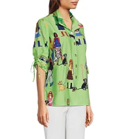 John Mark Novelty Dog Print Wire Collar Cinch Tie Sleeve Button Front Blouse
