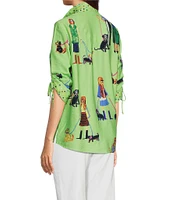 John Mark Novelty Dog Print Wire Collar Cinch Tie Sleeve Button Front Blouse