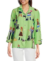 John Mark Novelty Dog Print Wire Collar Cinch Tie Sleeve Button Front Blouse