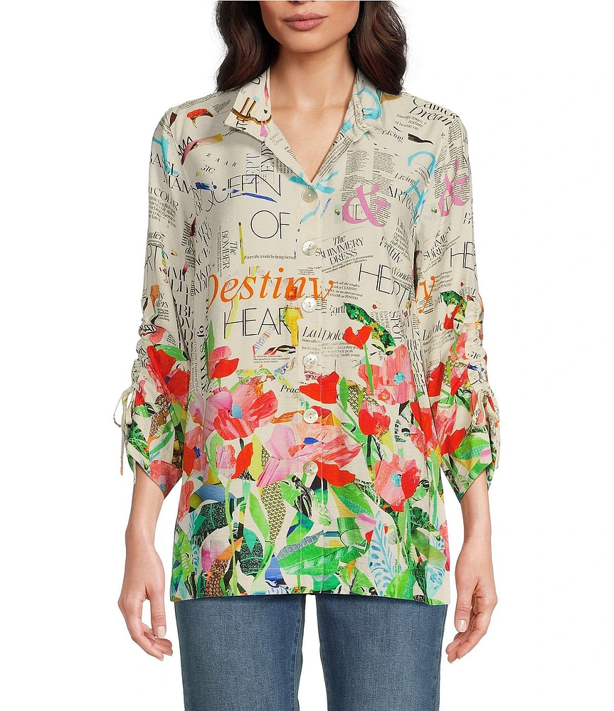 John Mark Novelty Floral Print Collar Neck 3/4 Sleeve Button Front Top
