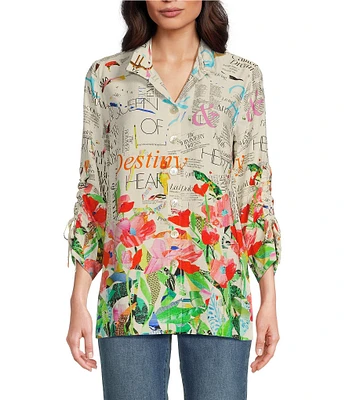 John Mark Novelty Floral Print Collar Neck 3/4 Sleeve Button Front Top