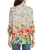 John Mark Novelty Floral Print Collar Neck 3/4 Sleeve Button Front Top