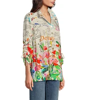 John Mark Novelty Floral Print Collar Neck 3/4 Sleeve Button Front Top