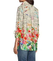 John Mark Novelty Floral Print Collar Neck 3/4 Sleeve Button Front Top