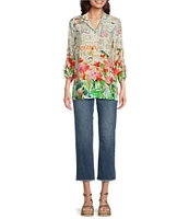John Mark Novelty Floral Print Collar Neck 3/4 Sleeve Button Front Top