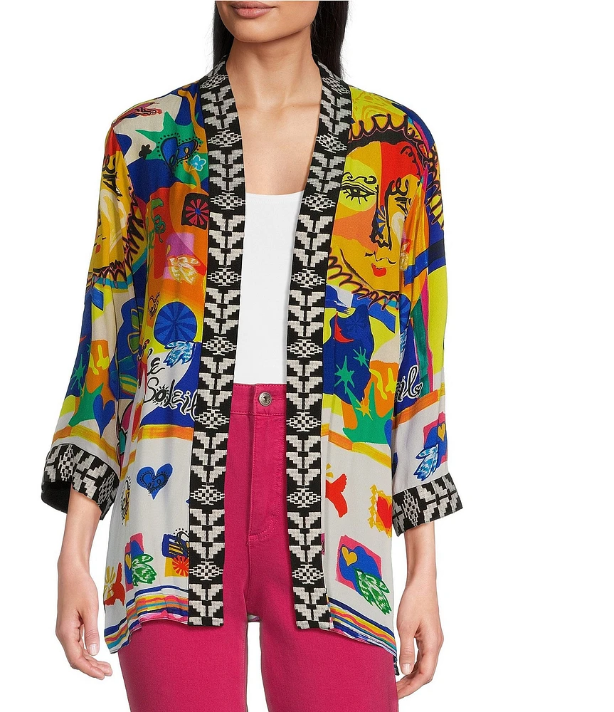 John Mark Open Front 3/4 Sleeve Satin Embroidered Kimono