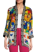 John Mark Open Front 3/4 Sleeve Satin Embroidered Kimono