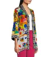 John Mark Open Front 3/4 Sleeve Satin Embroidered Kimono