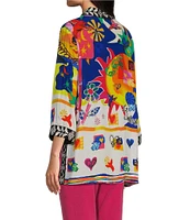 John Mark Open Front 3/4 Sleeve Satin Embroidered Kimono