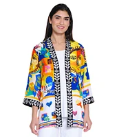 John Mark Open Front 3/4 Sleeve Satin Embroidered Kimono