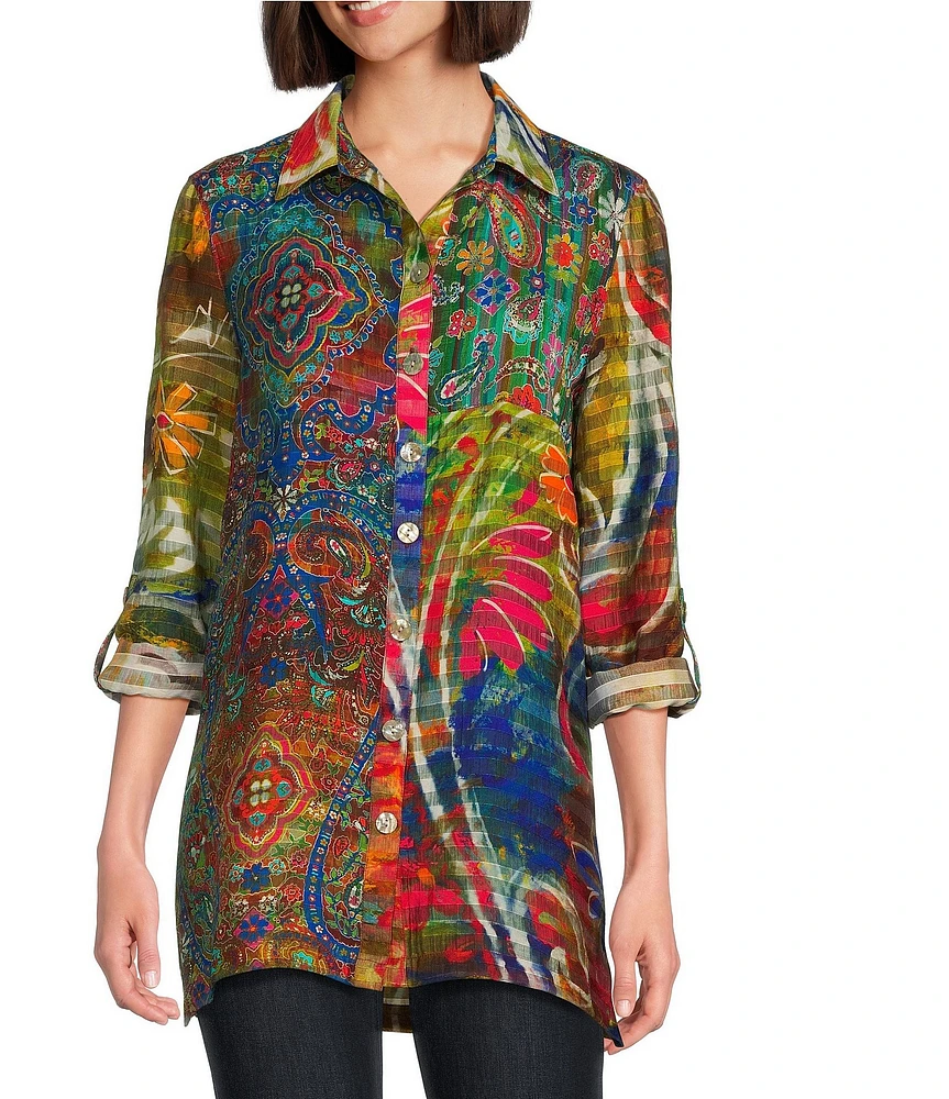 John Mark Paisley-Floral Printed Wire Collar 3/4 Sleeve Button-Front Tunic