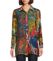 John Mark Paisley-Floral Printed Wire Collar 3/4 Sleeve Button-Front Tunic