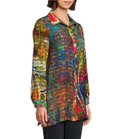 John Mark Paisley-Floral Printed Wire Collar 3/4 Sleeve Button-Front Tunic