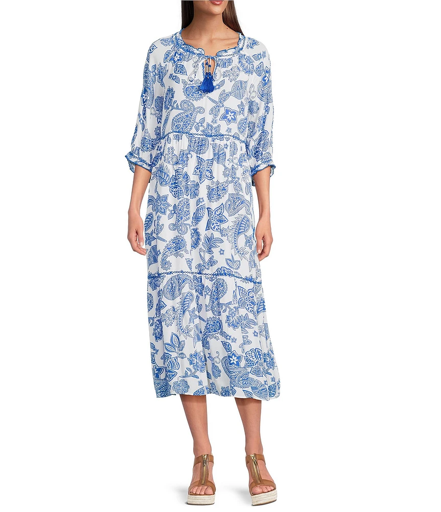 John Mark Paisley Split Neck Elbow Sleeve Print Tiered Midi Dress