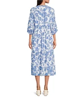 John Mark Paisley Split Neck Elbow Sleeve Print Tiered Midi Dress