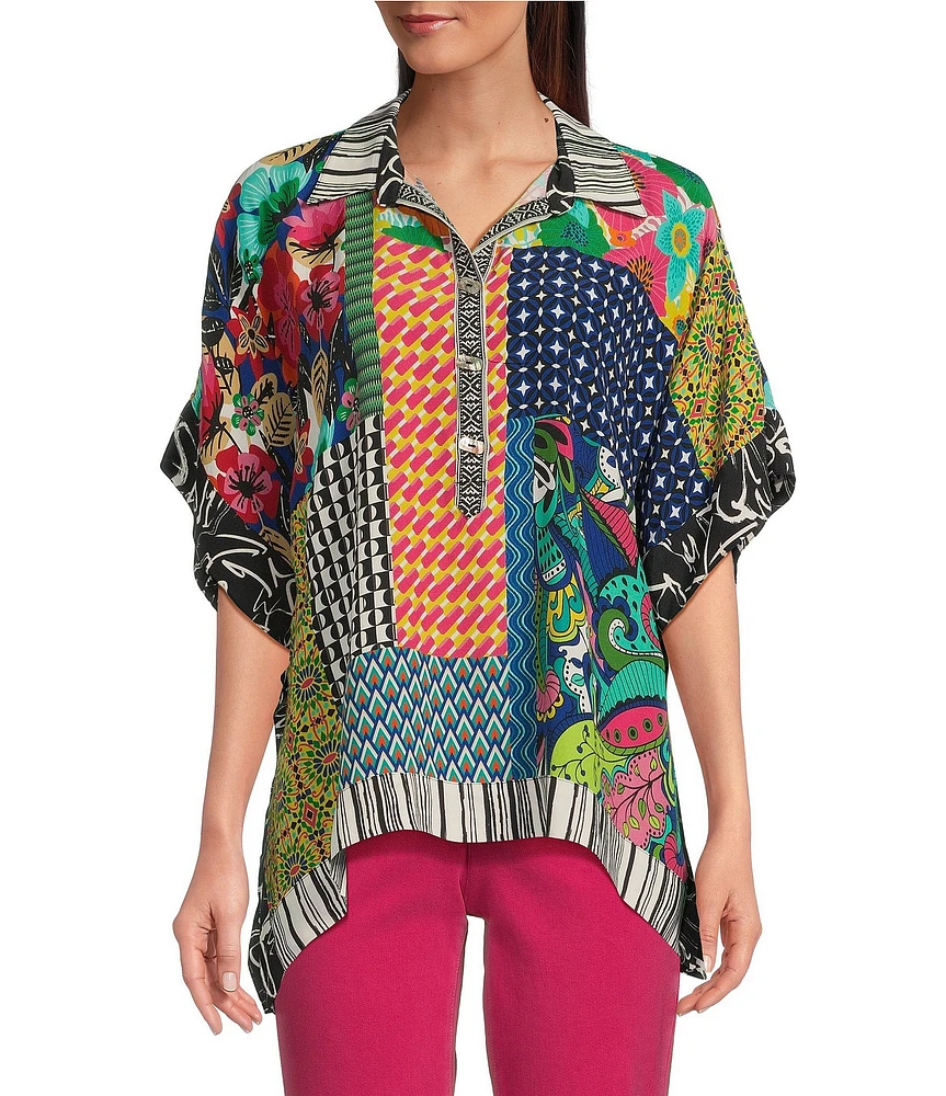 John Mark Patch Print Collared Short Sleeve Button Front Tunic