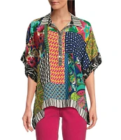 John Mark Patch Print Collared Short Sleeve Button Front Tunic