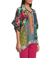 John Mark Patch Print Collared Short Sleeve Button Front Tunic