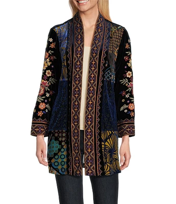 John Mark Patched Burnout Velvet 3/4 Sleeve Open Front Jacket