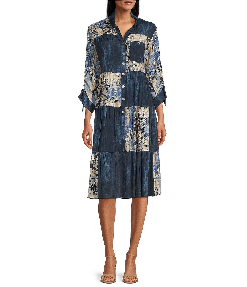 John Mark Patchwork Mixed Print Y-Neck 3/4 Sleeve Button-Front Dress