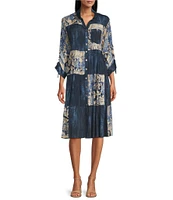 John Mark Patchwork Mixed Print Y-Neck 3/4 Sleeve Button-Front Dress