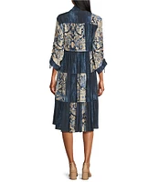 John Mark Patchwork Mixed Print Y-Neck 3/4 Sleeve Button-Front Dress