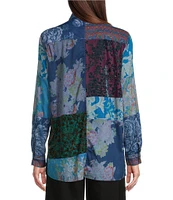 John Mark Patchwork Print Button Front Long Roll-Tab Sleeve Blouse