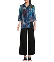 John Mark Patchwork Print Button Front Long Roll-Tab Sleeve Blouse