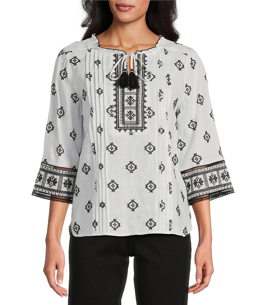 John Mark Petite Size Allover Embroidered Split V-Neck 3/4 Sleeve Tassel Tie Tunic