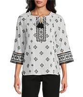 John Mark Petite Size Allover Embroidered Split V-Neck 3/4 Sleeve Tassel Tie Tunic