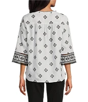 John Mark Petite Size Allover Embroidered Split V-Neck 3/4 Sleeve Tassel Tie Tunic