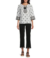 John Mark Petite Size Allover Embroidered Split V-Neck 3/4 Sleeve Tassel Tie Tunic