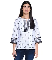 John Mark Petite Size Allover Embroidered Split V-Neck 3/4 Sleeve Tassel Tie Tunic