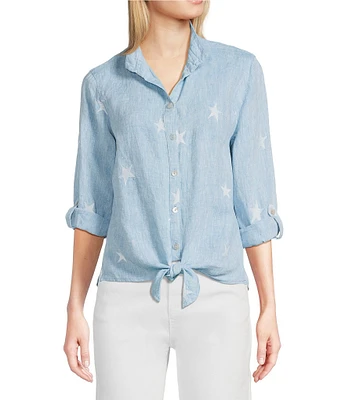 John Mark Petite Size Allover Embroidered Stars Wire Collar Long Roll-Tab Sleeve Button Front Tie Blouse