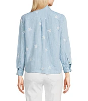 John Mark Petite Size Allover Embroidered Stars Wire Collar Long Roll-Tab Sleeve Button Front Tie Blouse