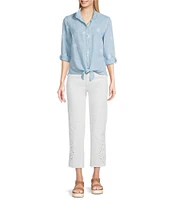 John Mark Petite Size Allover Embroidered Stars Wire Collar Long Roll-Tab Sleeve Button Front Tie Blouse
