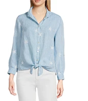 John Mark Petite Size Allover Embroidered Stars Wire Collar Long Roll-Tab Sleeve Button Front Tie Blouse