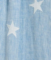 John Mark Petite Size Allover Embroidered Stars Wire Collar Long Roll-Tab Sleeve Button Front Tie Blouse
