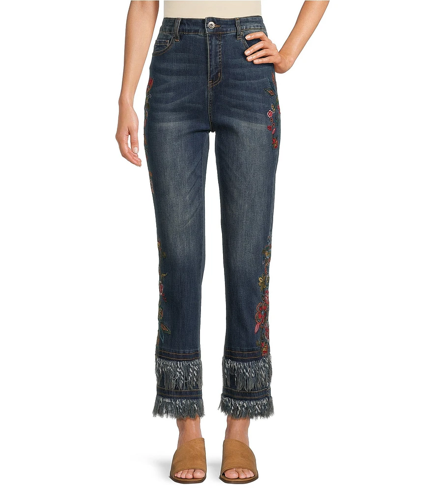 John Mark Petite Size Embroidered Double Tiered Fringe Hem Ankle Jeans