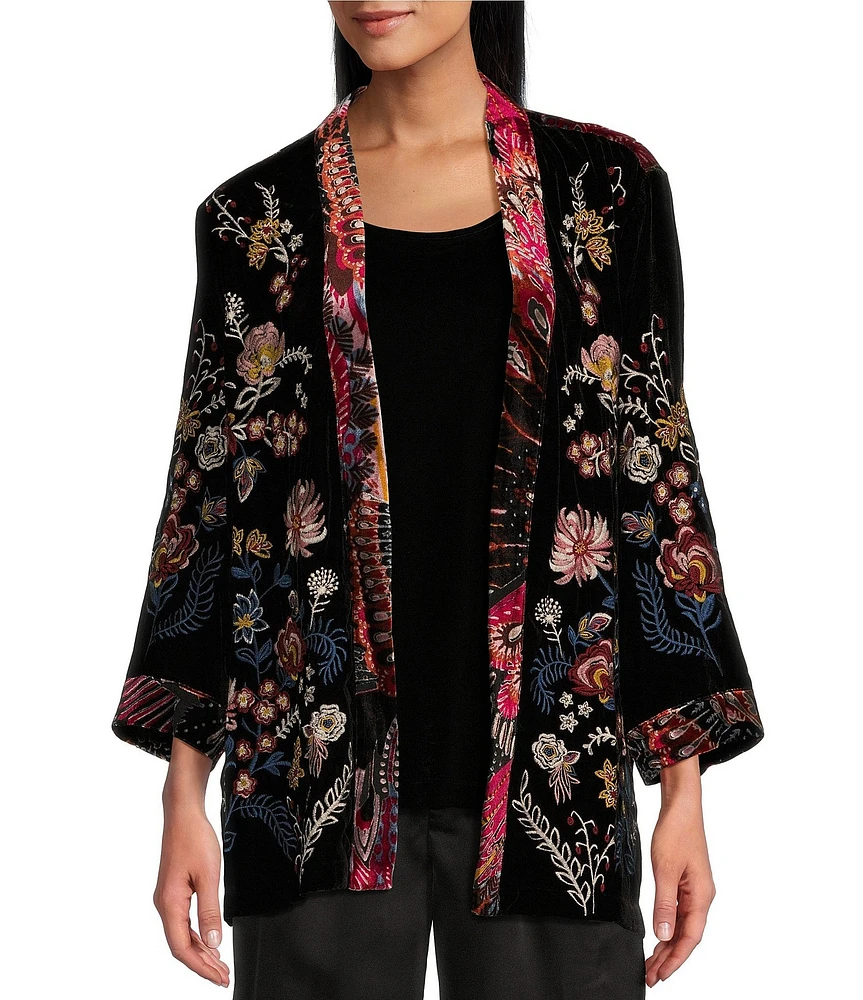 John Mark Petite Size Embroidered Floral Burnout Velvet 3/4 Sleeve Open-Front Kimono