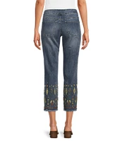 John Mark Petite Size Embroidered Floral Frayed Hem Straight Leg Jeans