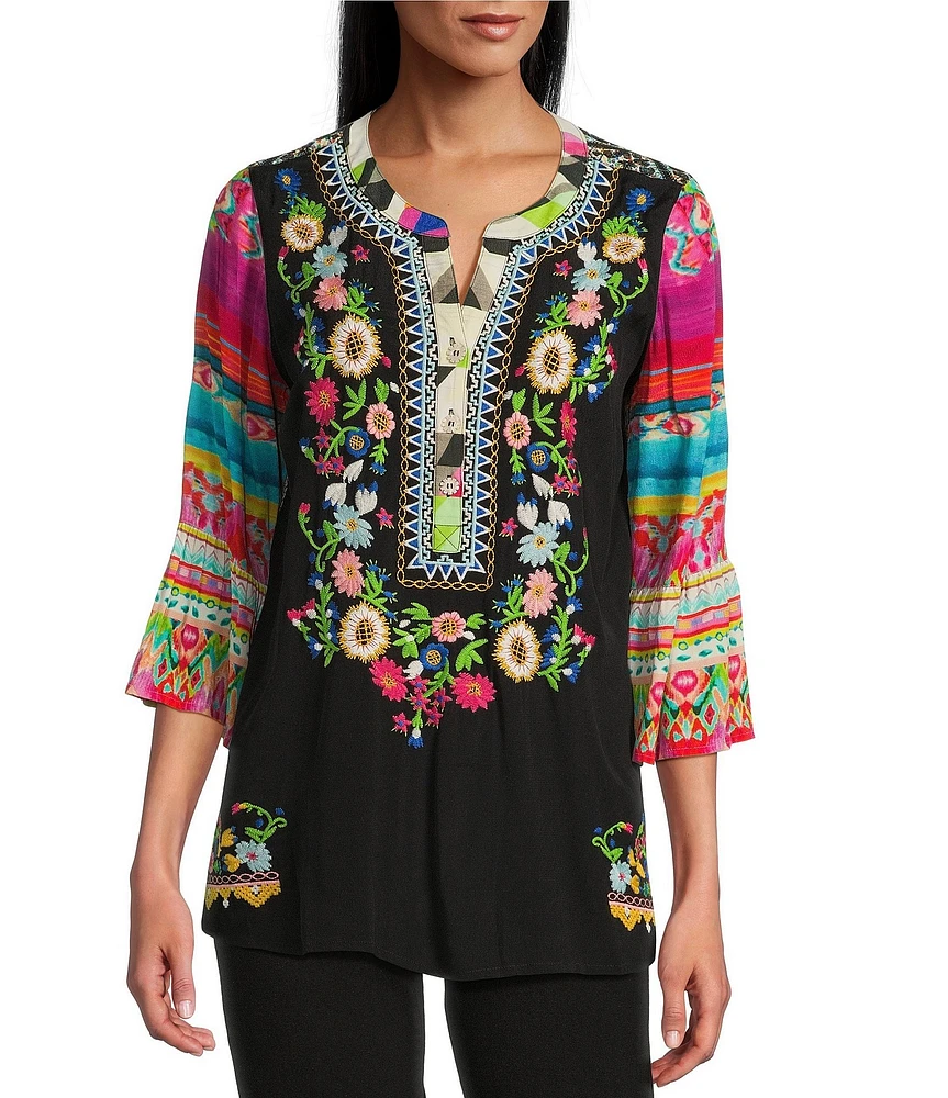 John Mark Petite Size Embroidered Floral Y-Neck 3/4 Sleeve Tunic