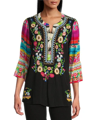 John Mark Petite Size Embroidered Floral Y-Neck 3/4 Sleeve Tunic