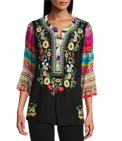 John Mark Petite Size Embroidered Floral Y-Neck 3/4 Sleeve Tunic