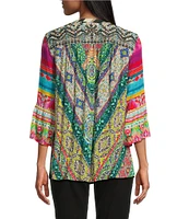 John Mark Petite Size Embroidered Floral Y-Neck 3/4 Sleeve Tunic