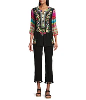 John Mark Petite Size Embroidered Floral Y-Neck 3/4 Sleeve Tunic