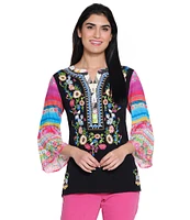John Mark Petite Size Embroidered Floral Y-Neck 3/4 Sleeve Tunic