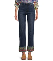 John Mark Petite Size Embroidered Hem Straight Leg Jeans